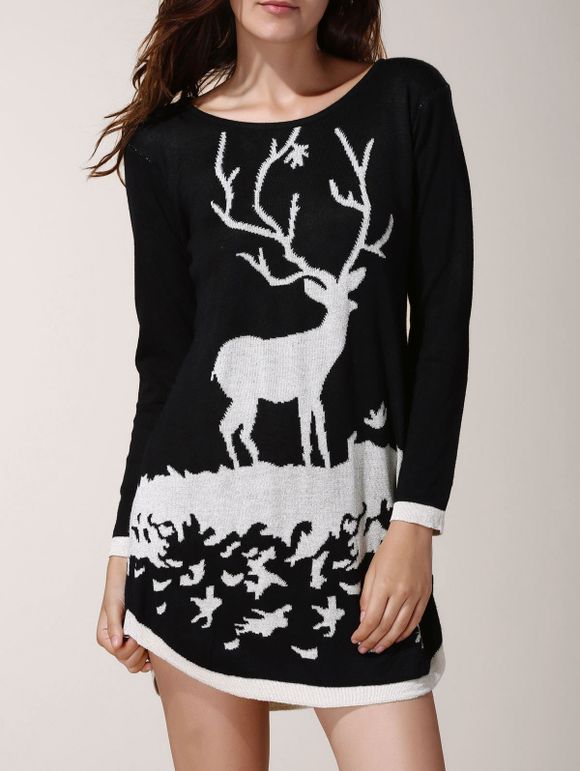 Doux à manches longues de Deer Cartoon Imprimé truand robe pull de Noël pour les femmes - Noir ONE SIZE(FIT SIZE XS TO M)