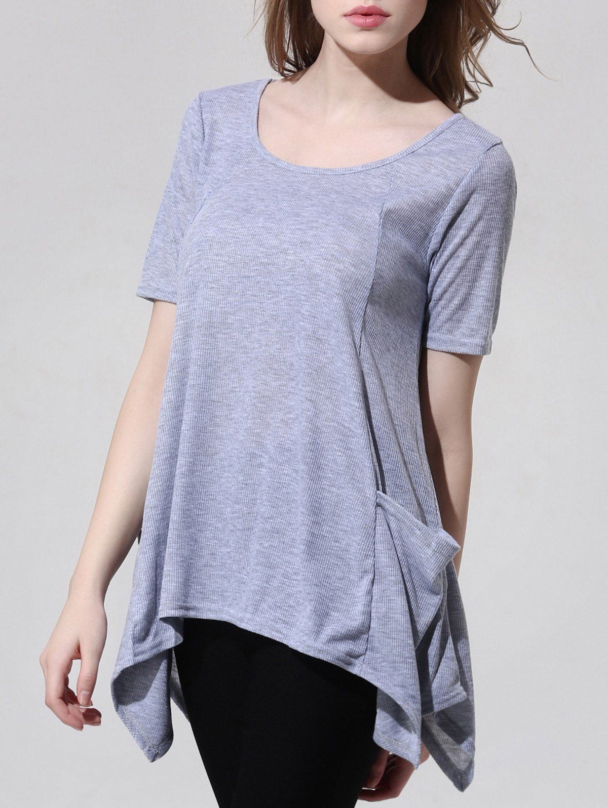

Fashionable Scoop Neck Asymmetric Gray T-Shirt For Women