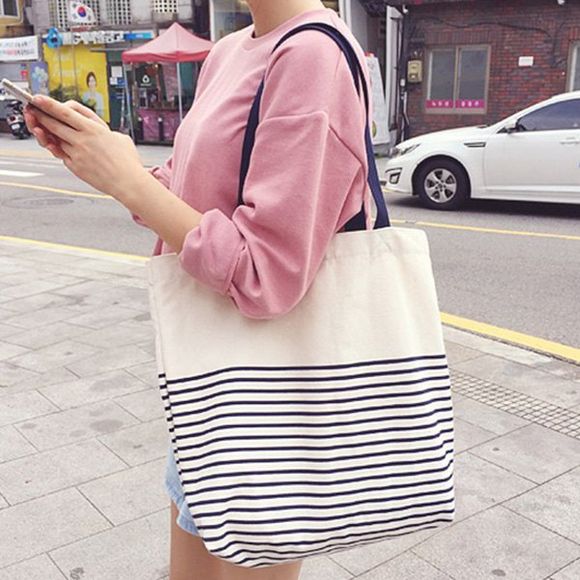 Simple Striped and Canvas Design Women's Shoulder Bag - BLUE 