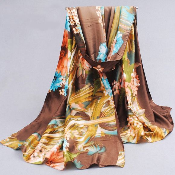 Chic Flower and Leaf Pattern Cool Summer Women's Coffee Color Silky Scarf - café 