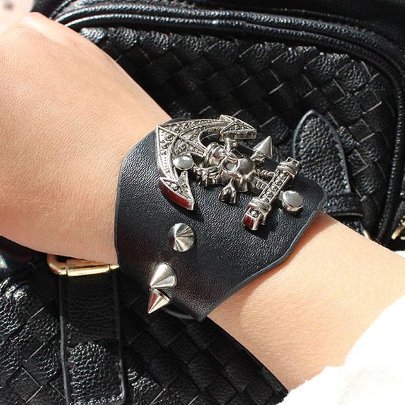 Style gothique Anchor Shape Alloy Rivet Faux Bracelet en cuir pour les femmes - Noir 