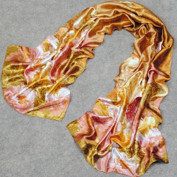 Chic Prosperous Peonies Pattern Chinese Style Women's Silky Scarf - café lumière 