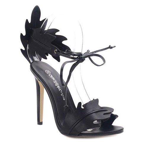 Fashionable Black Color and Leaf Pattern Design Women's Sandals - Noir 39