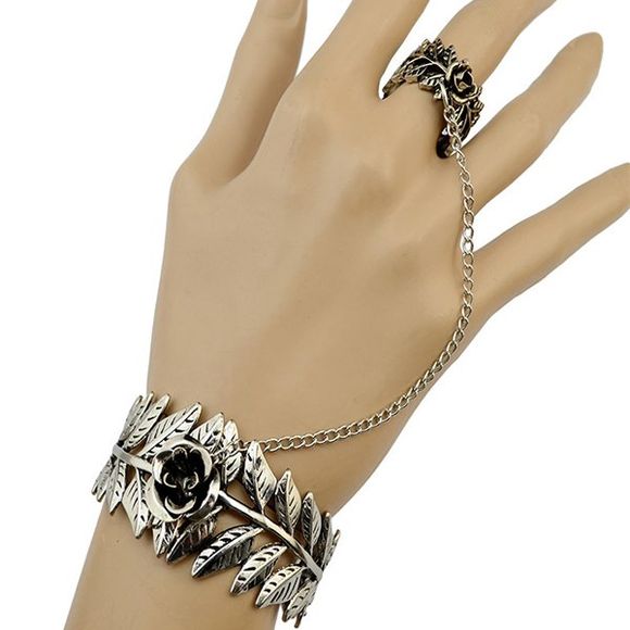 Retro Sculpture Bracelet Feuille Fleur avec anneau pour les femmes - Argent 