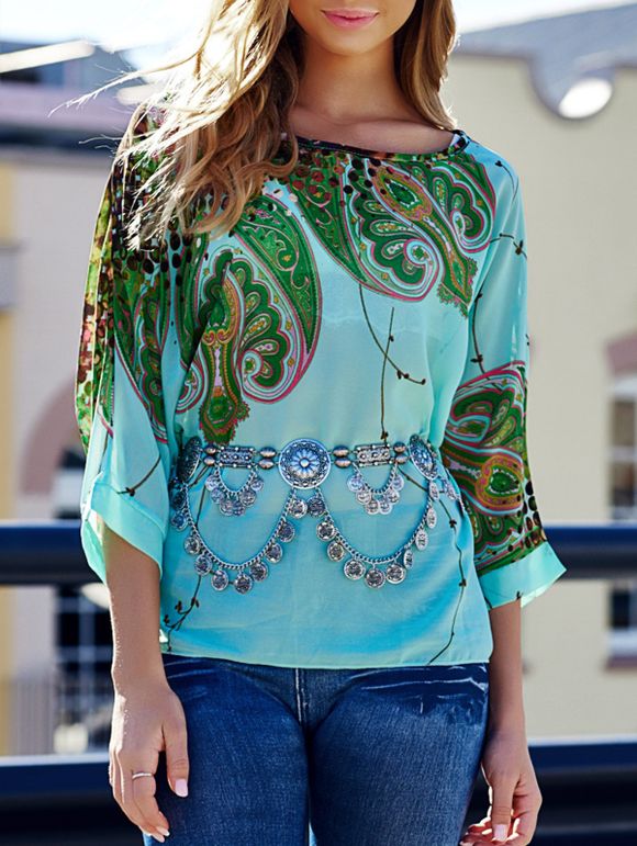 Scoop Neck Batwing Sleeve Printed ample blouse pour les femmes - multicolore XL