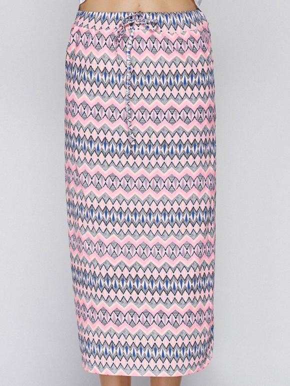 Trendy High Waist Drawstring Tribal Print Women's Midi Skirt - Rose ONE SIZE(FIT SIZE XS TO M)