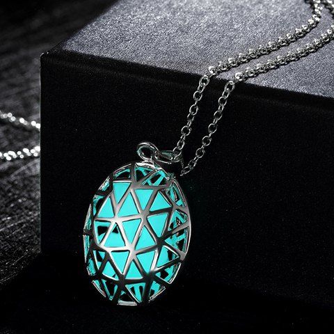 Fashion évider Oval Triangle Carve luminescentes Faux Collier Gem - Cyan 
