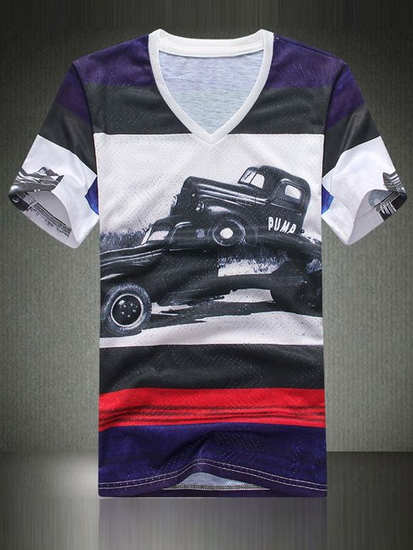 T-shirt 3D Car Imprimer Holes Color Block Spliced ​​V-Neck conception à manches courtes hommes s ' - multicolore 2XL