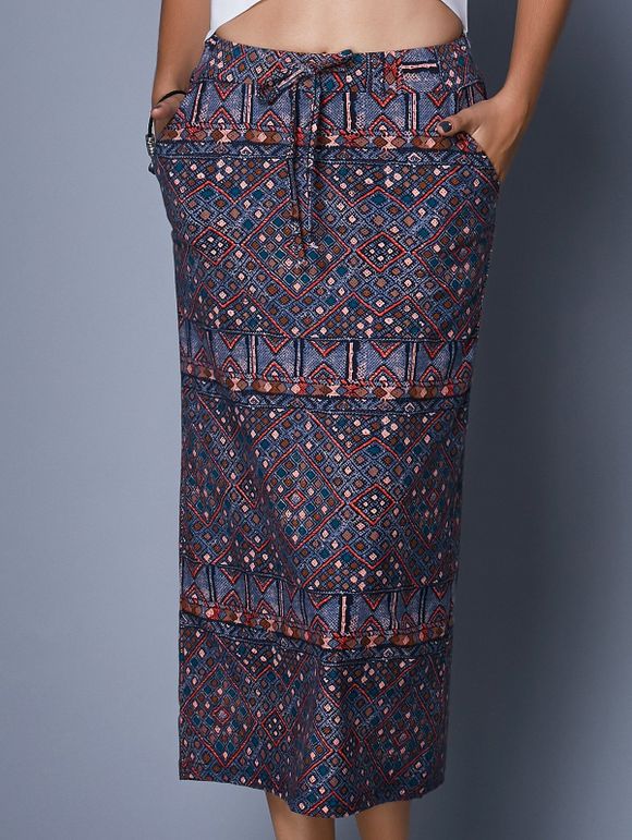 Ethnic Style High Waist Drawstring Tribal Print Women's Midi Skirt - multicolore ONE SIZE(FIT SIZE XS TO M)