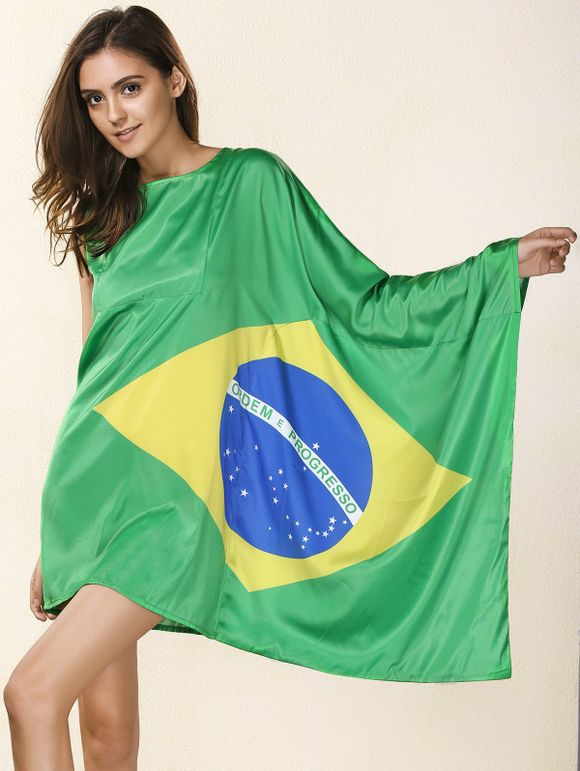 Nouveauté col rond asymétrique Drapeau Brésil Imprimer Women Dress  's - Vert L