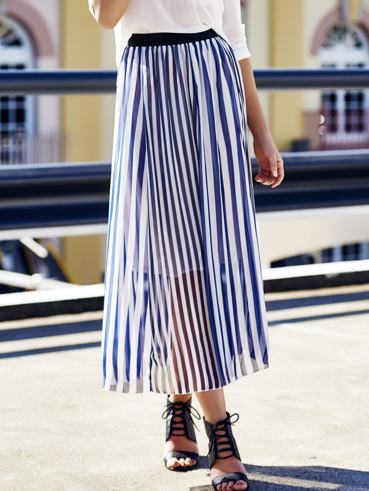 blue and white vertical striped skirt outfit