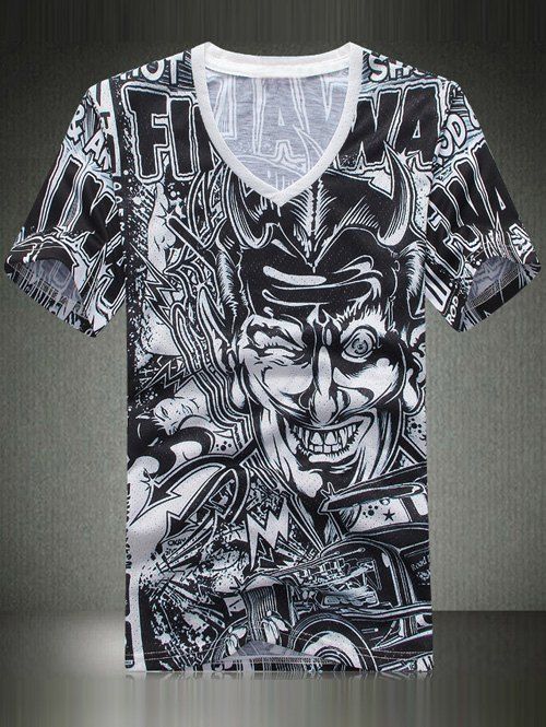 Fashion V-Neck Face Printing Men's T-Shirt - Noir 3XL