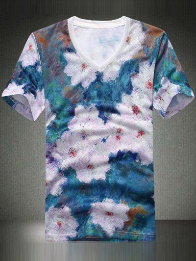 T-shirt de mode V-Neck Flower Printing Men  's - multicolore XL
