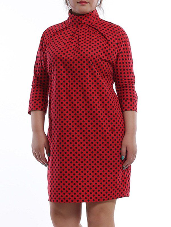 

Chic 3/4 Sleeve Stand Collar Polka Dot Plus Size Women's Dress, Red