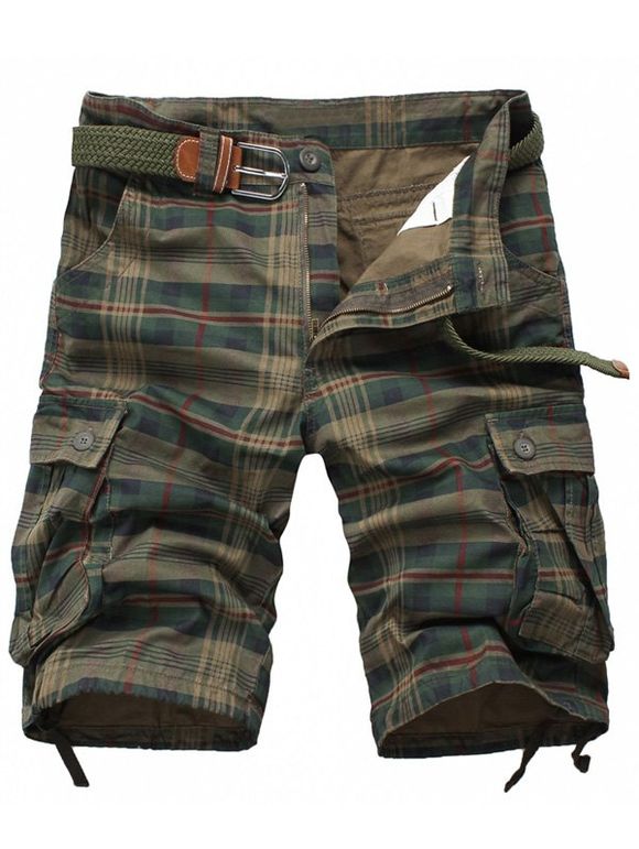Droites Shorts Men 's Plus Size Pocket design  Leg Tartan Printing Zipper Fly - Kaki Foncé 38
