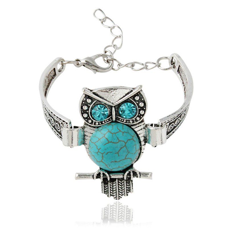 

Fake Turquoise Rhinestone Engraved Owl Bracelet, Silver
