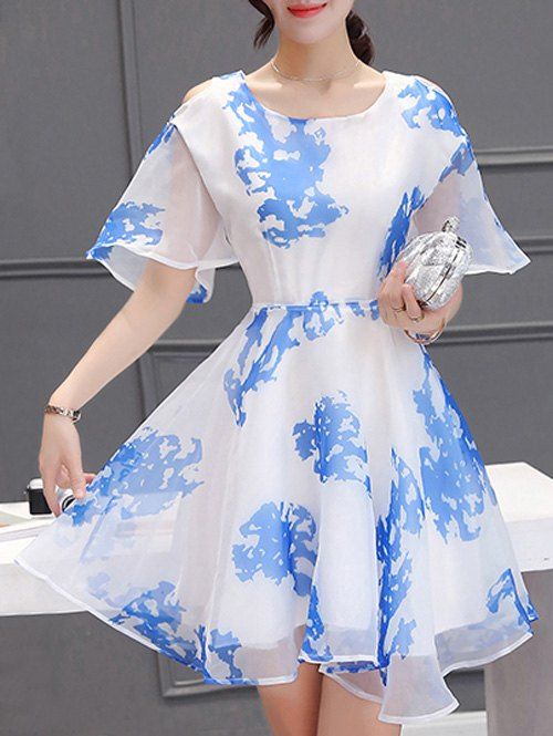 Elegant Women's Scoop Neck Cold Shoulder Printed Dress - Bleu et Blanc M