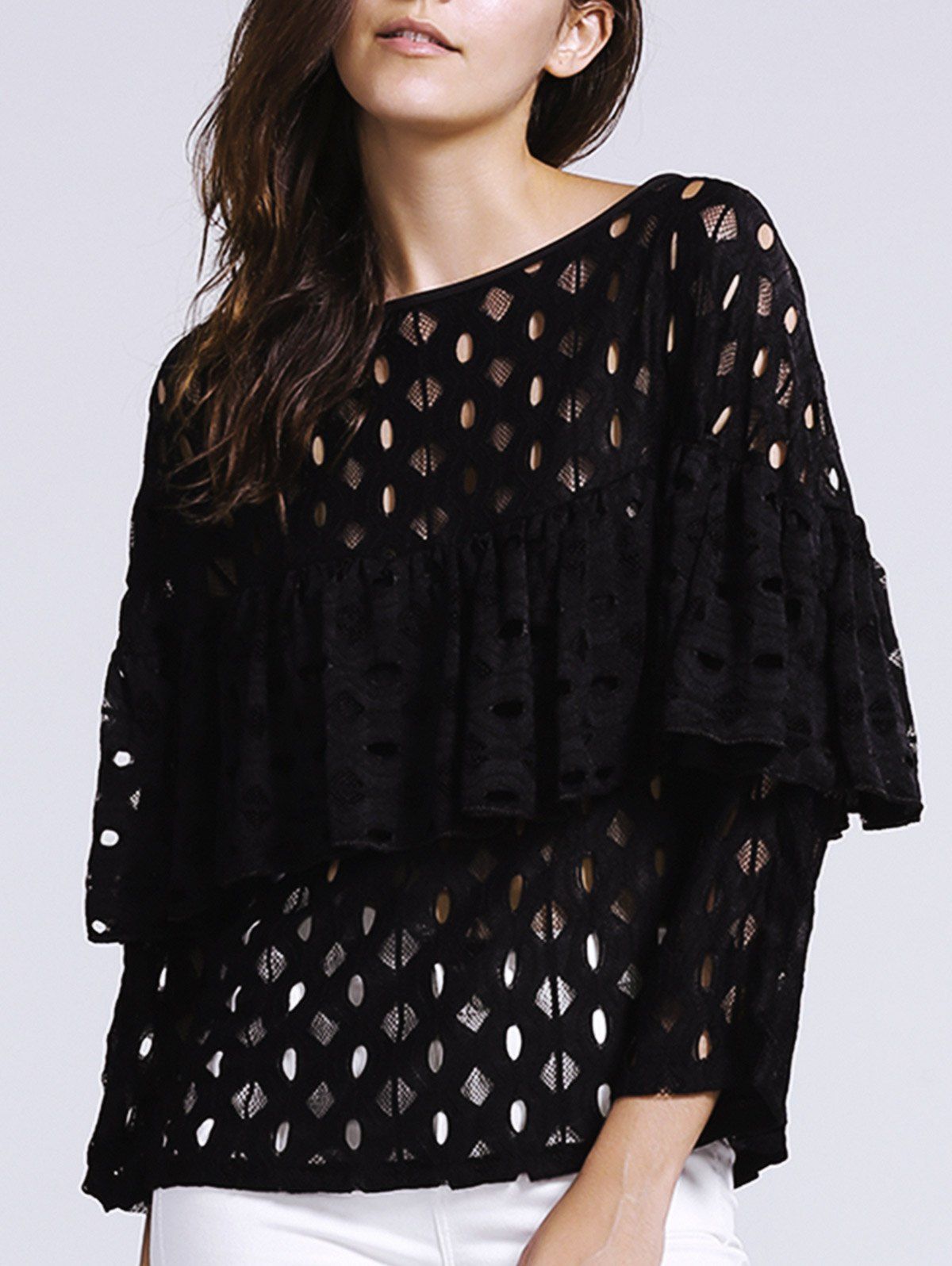 

Trendy Hollow Out Laced Jewel Neck Blouse For Women, Black