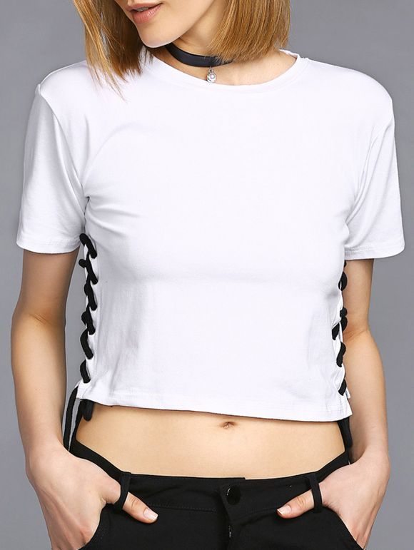 Casual Round Neck Short Sleeve Lace Up Women's Cropped T-Shirt - Blanc ONE SIZE(FIT SIZE XS TO M)