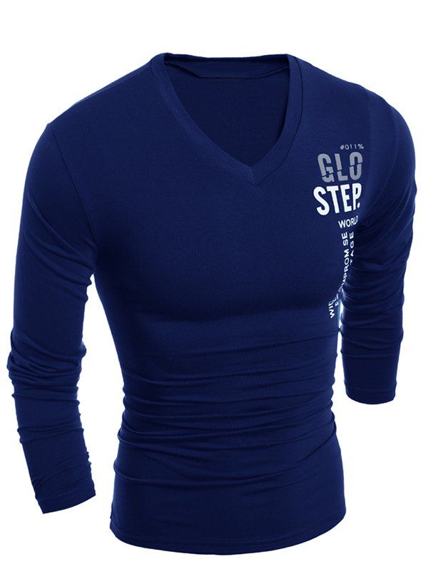 

Slimming V-Neck Vogue Letter Print Long Sleeve Polyester Men's T-Shirt, Cadetblue