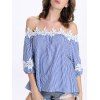 Trendy Slash Collar manches 3/4 en dentelle Spliced ​​Navy Striped femmes s 'Blouse - Bleu Marine M