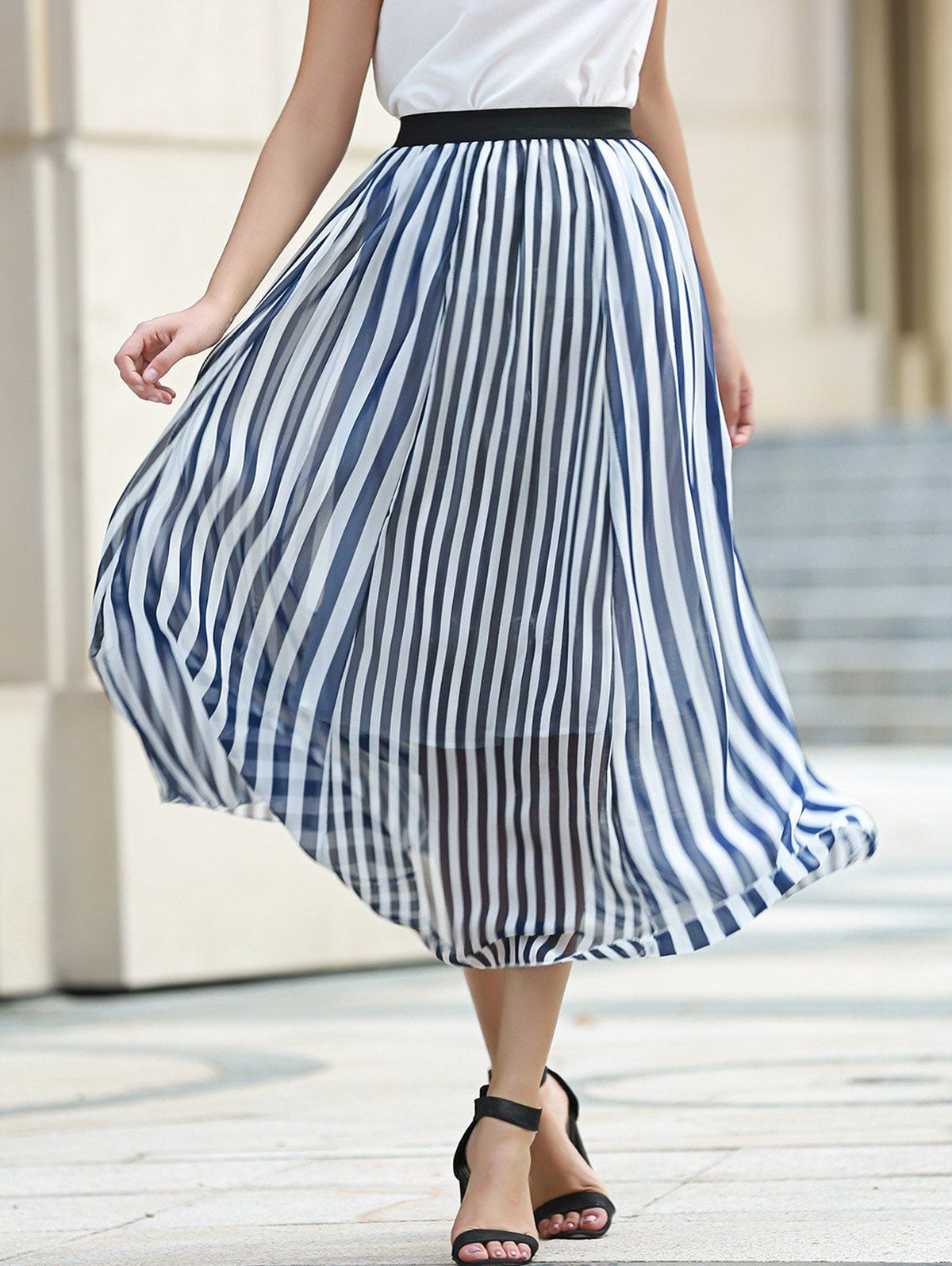 blue and white vertical striped skirt outfit