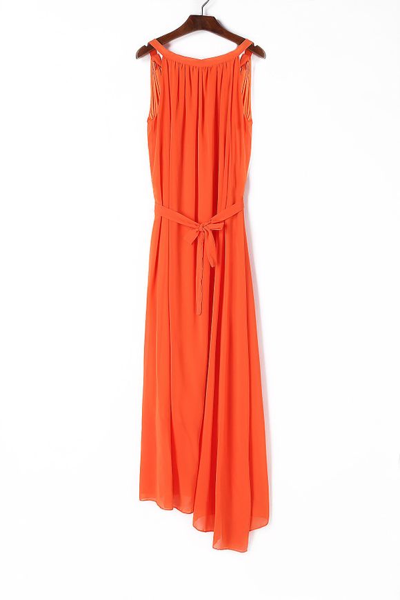 Elegant Spaghetti Strap sans manches en couleur solide auto-cravate Ceinture Women's Beach Dress - Orange XL