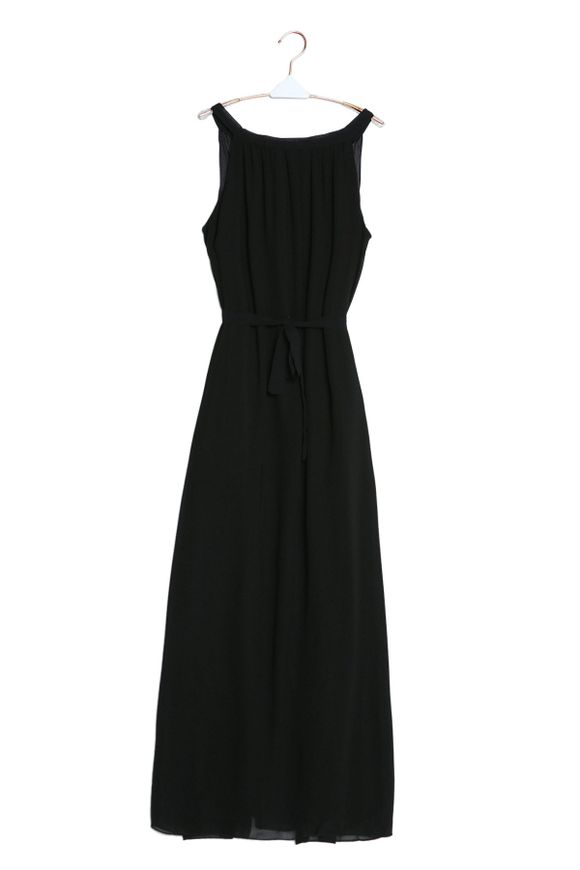 Elegant Spaghetti Strap sans manches en couleur solide auto-cravate Ceinture Women's Beach Dress - Noir M