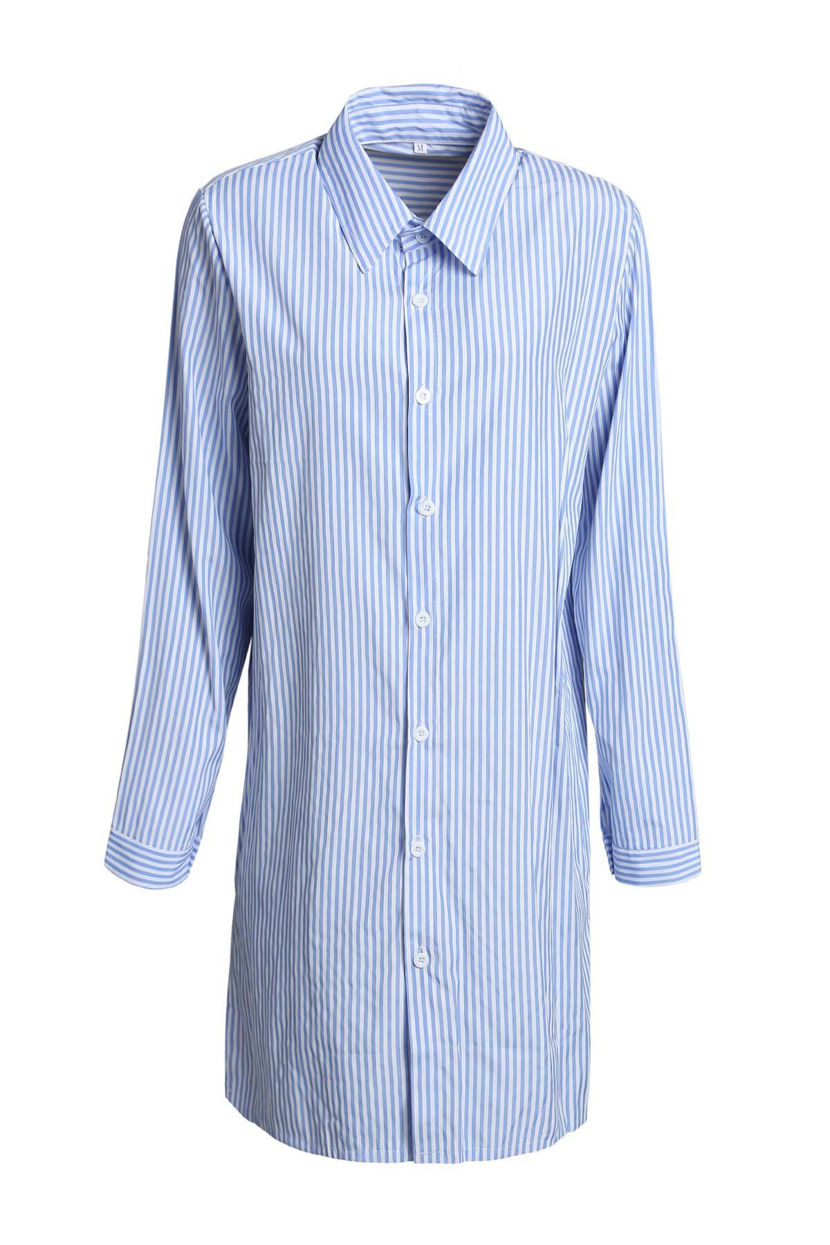 

Stylish Shirt Collar Long Sleeve Striped Slit Women's High Low Shirt, Blue