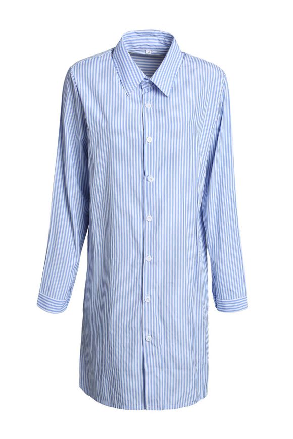 Low High shirt élégant col de chemise à manches longues rayé Slit femmes - Bleu XL