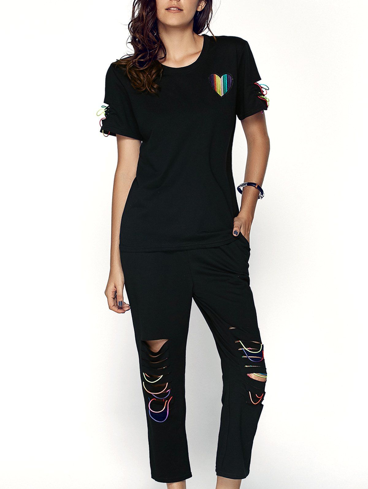 

Trendy Heart Pattern Spliced T-Shirt + Drawstring Ripped Capri Pants Women's Twinset, Black