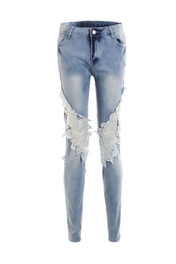 Élégant mi-cintrée en dentelle embellies de poche design Jeans - Bleu clair L