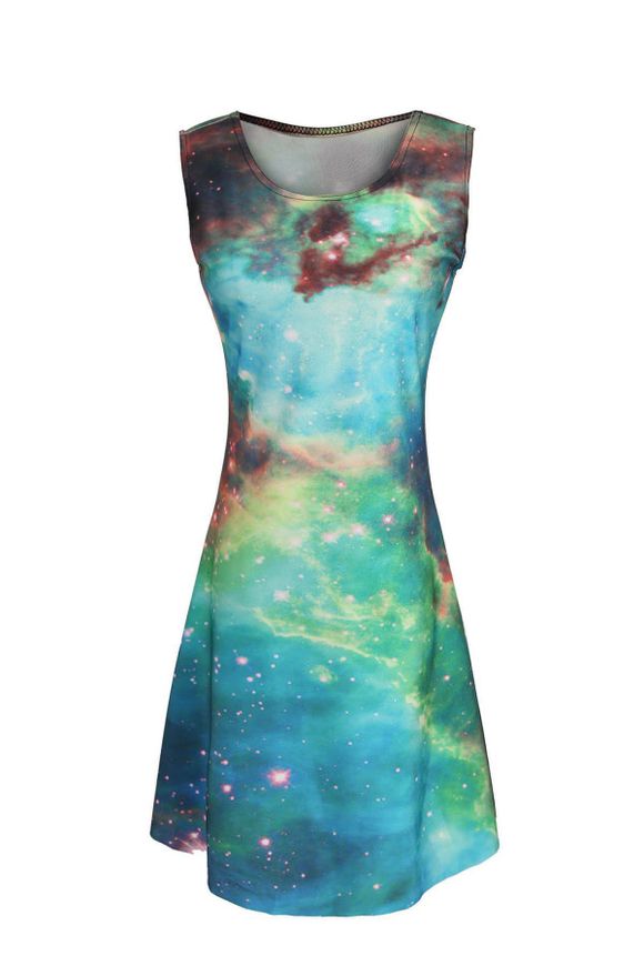 Trendy Women's Scoop Neck Sleeveless Green Galaxy Printed Dress - Vert ONE SIZE(FIT SIZE XS TO M)