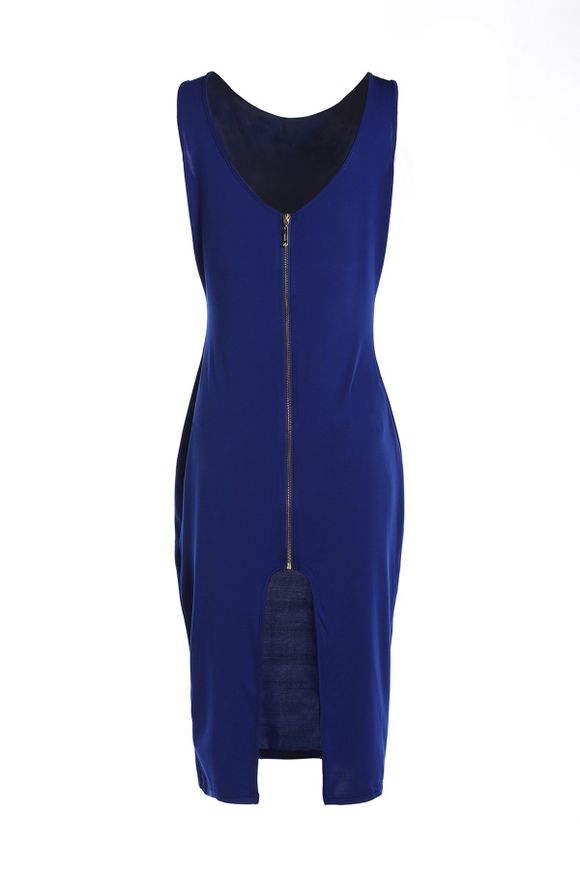 Dress Sexy V-Neck manches fendues zippées Bodycon femmes - Bleu ONE SIZE(FIT SIZE XS TO M)