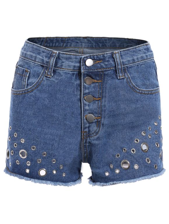 Trendy Women's Mid Waist Rivet Denim Shorts - Bleu Toile de Jean ONE SIZE(FIT SIZE XS TO M)