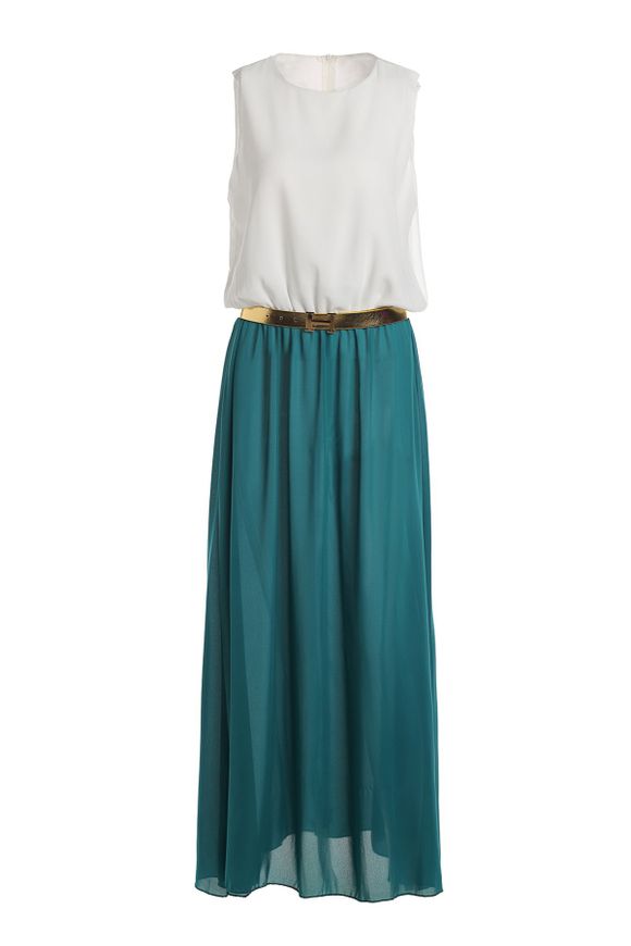 Stylish Round Neck Sleeveless Color Block Women's Maxi Dress - Blanc et vert XL