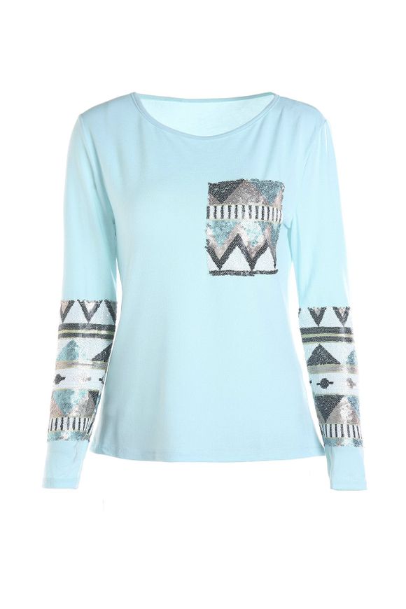 T-shirt col rond manches longues élégant Pocket design pailletée Femmes  's - Bleu M