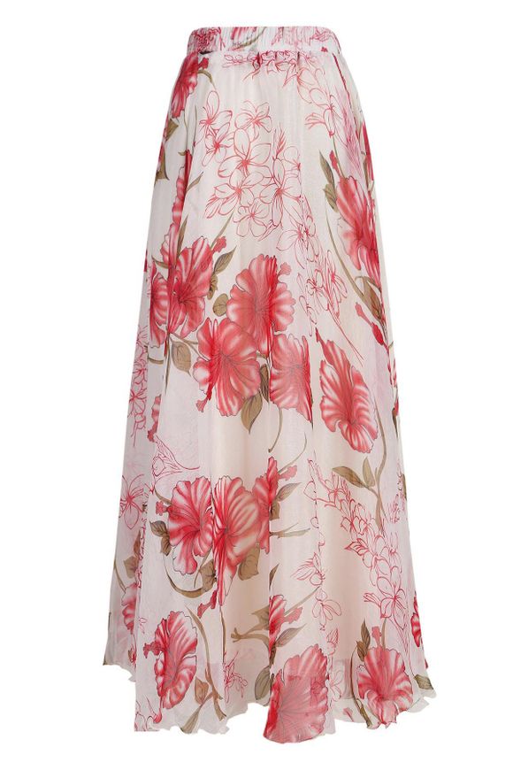 Stylish Elastic Waist Floral Print Women's Chiffon Skirt - Rouge XL