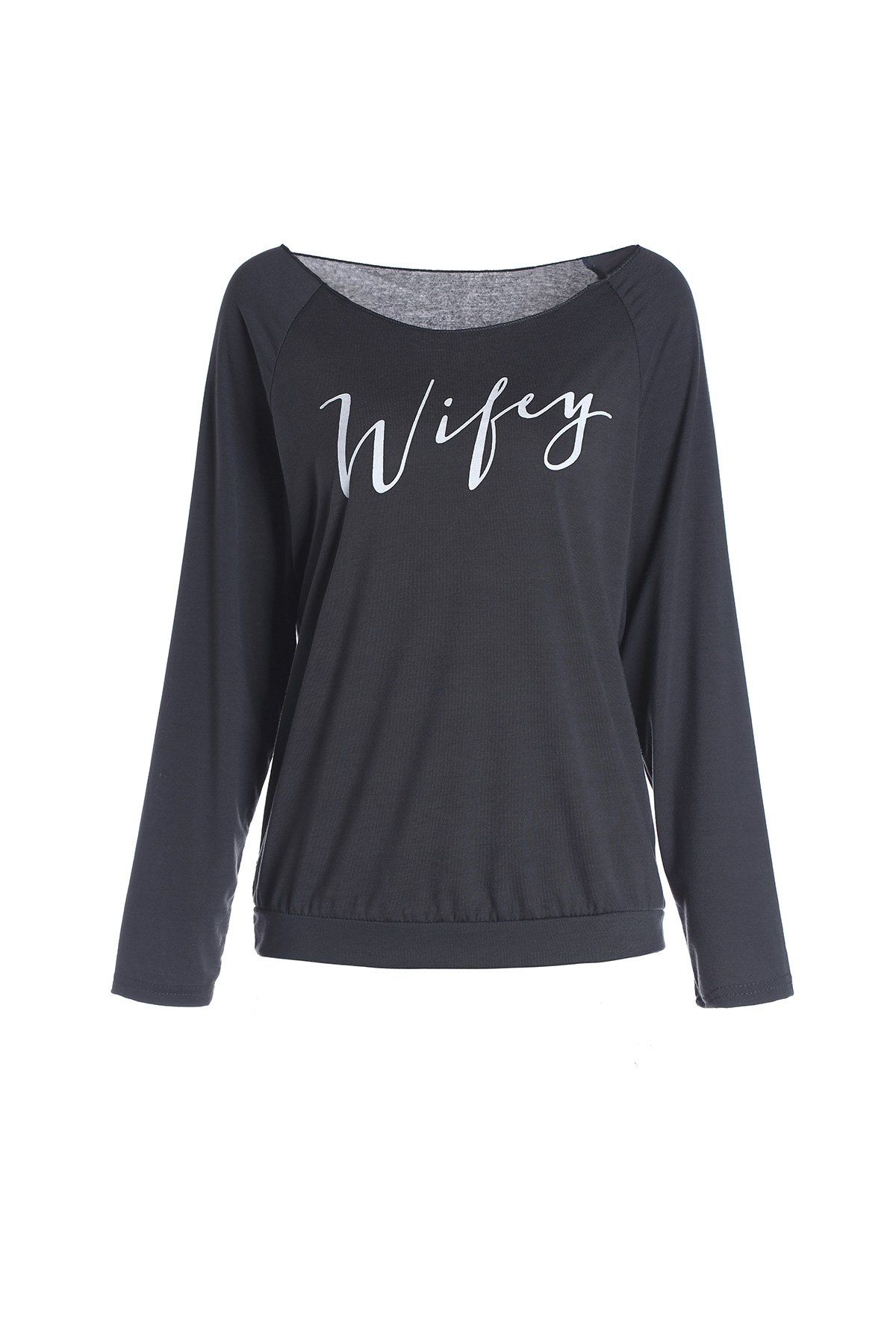 

Fashionable Letter Printed Skew Neck Long Sleeve T-Shirt For Women, Deep gray