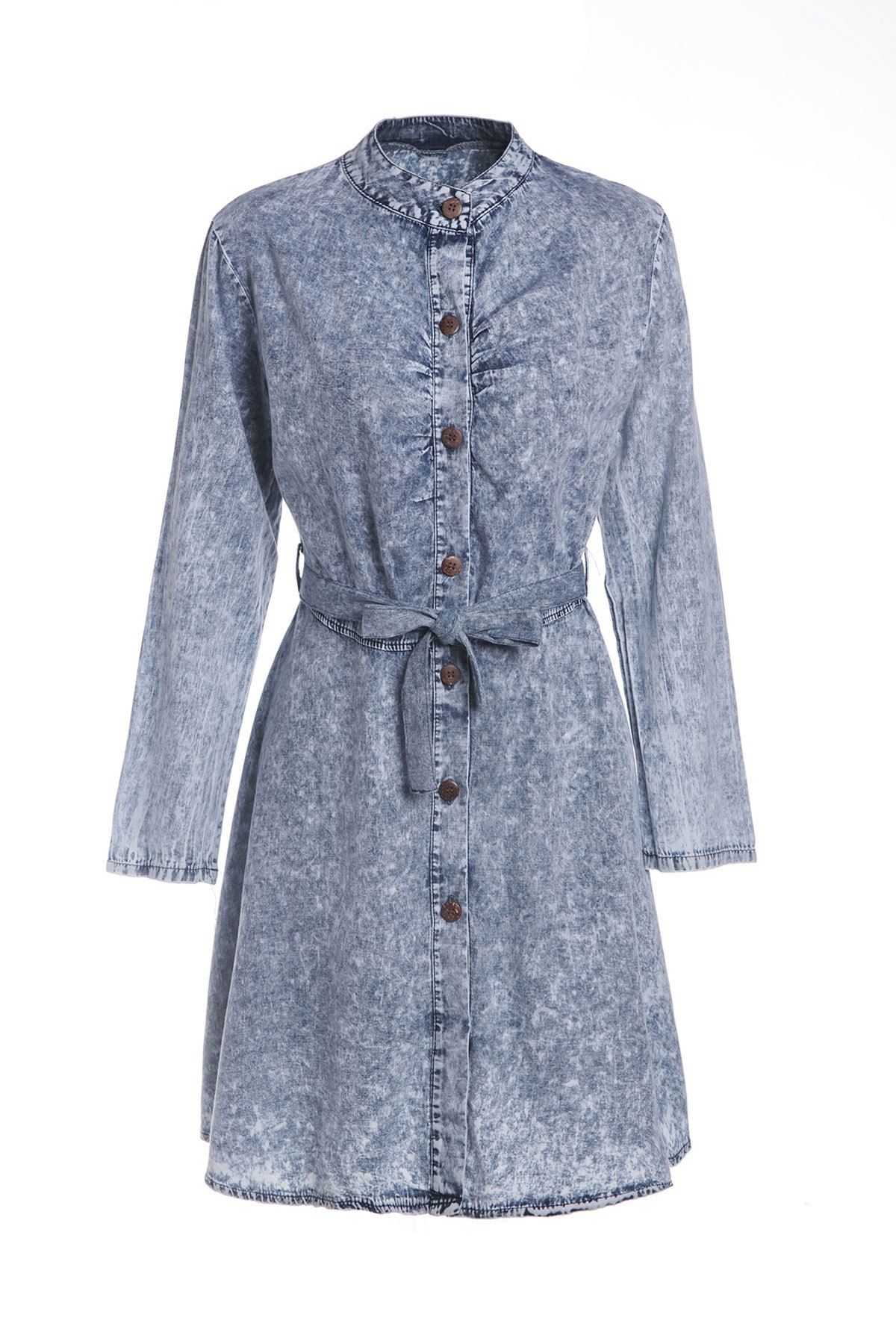 

Stylish Self-Tie Long Sleeve Stand-Up Collar Women's Denim Dress, As the picture