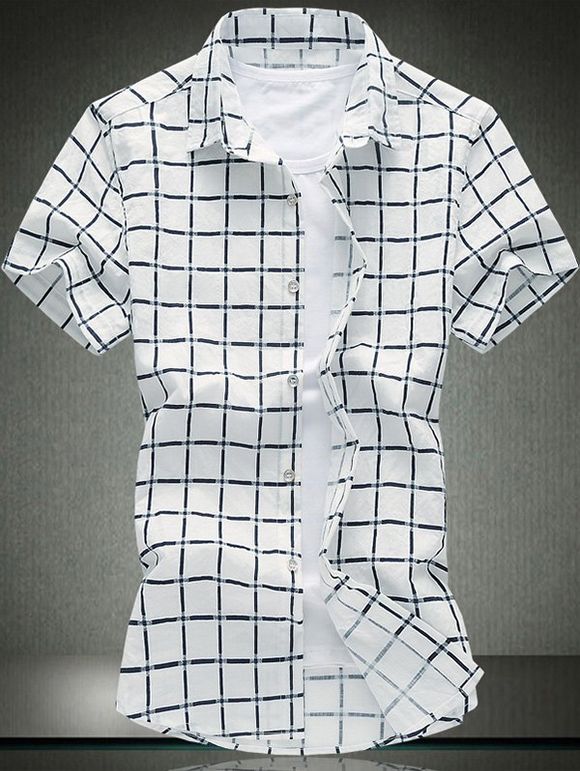 Plaid Print Turn-Down Collar Short Sleeve Plus Size Men's Shirt - Bleu profond 4XL