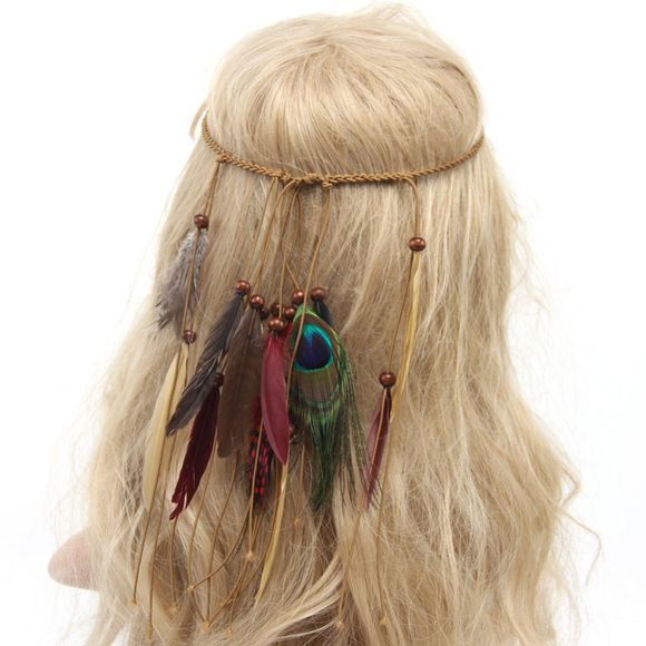 Chic American Indian Tribal Style Dark Color Feathers Tassel Weaving Headband - Kaki 