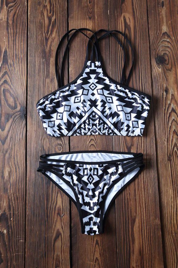 Sexy Style Spaghetti Strap Geometric Print Bikini Set pour les femmes - Blanc et Noir S