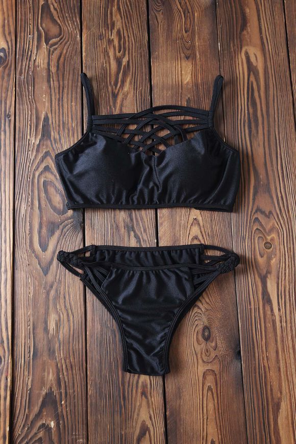 Sexy Style Spaghetti Strap Cross Black Bikini Set For Women - Noir XL