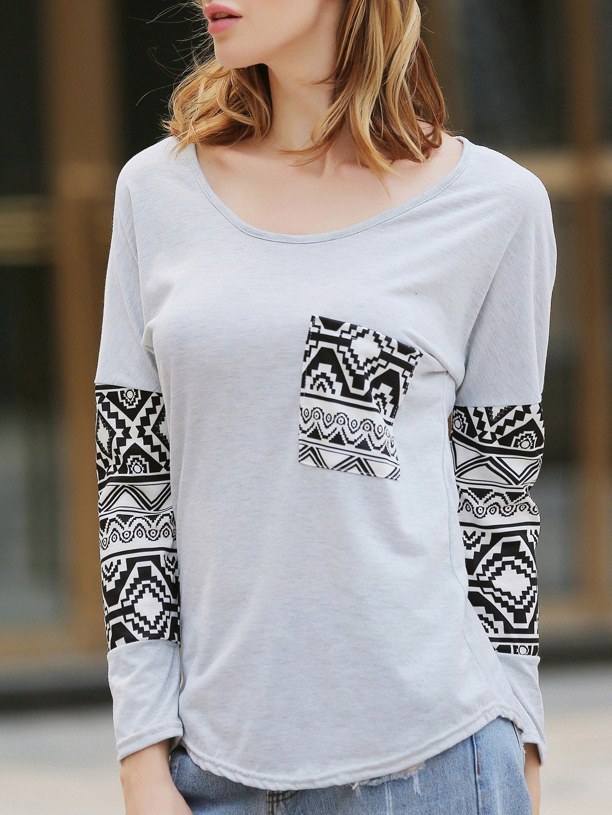 

Charming Scoop Neck Geometric Print Spliced T-Shirt For Women, Gray
