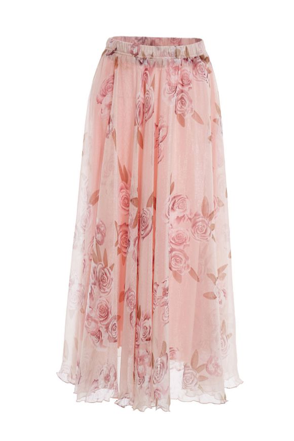 Trendy Elastic Waist Floral Print Women's Chiffon Skirt - Rose S