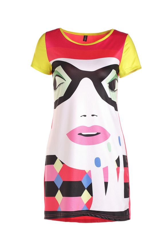 Stylish Round Neck Short Sleeve Cartoon Print Colorful High-Low Hem Women's Dress - multicolore M