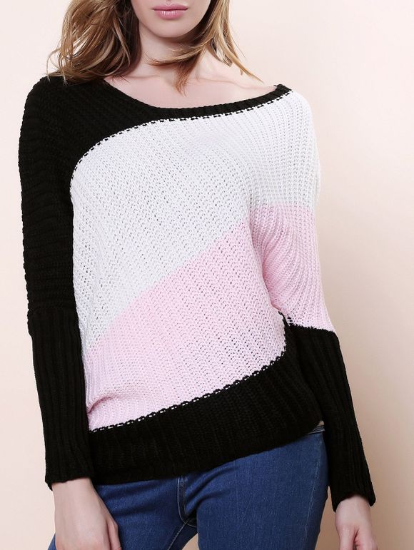 Pull style doux manches Batwing cou de scoop bande de couleur à tricoter femmes - Rose ONE SIZE