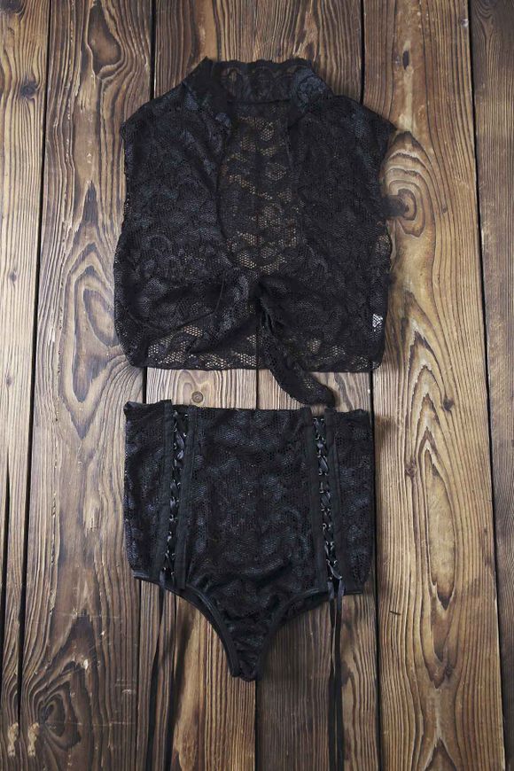 Sexy Lace Crop Top and High Waisted Shorts Women's Suit - Noir 2XL