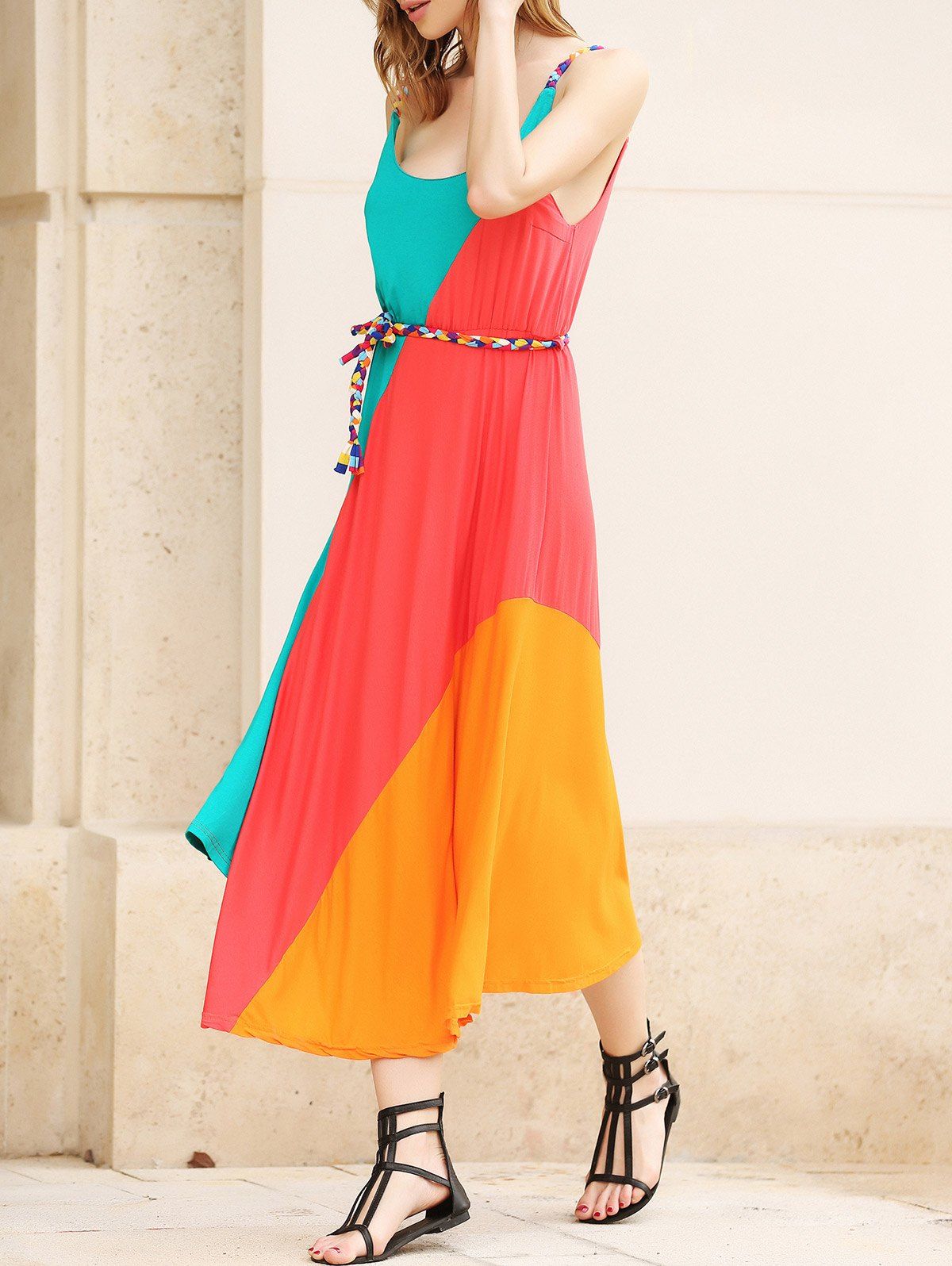 Colorful Slant Stripe Print Irregular Hem Summer Long Dress With Belt